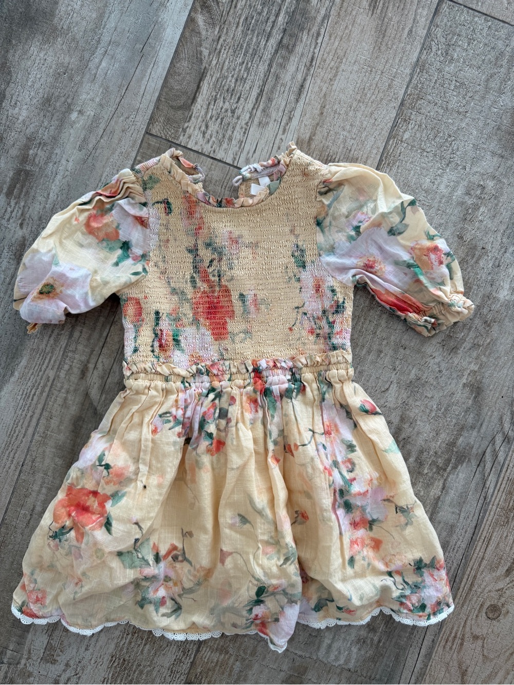 Zimmermann Cream Floral Smocked Dress with Coral & Green Accents